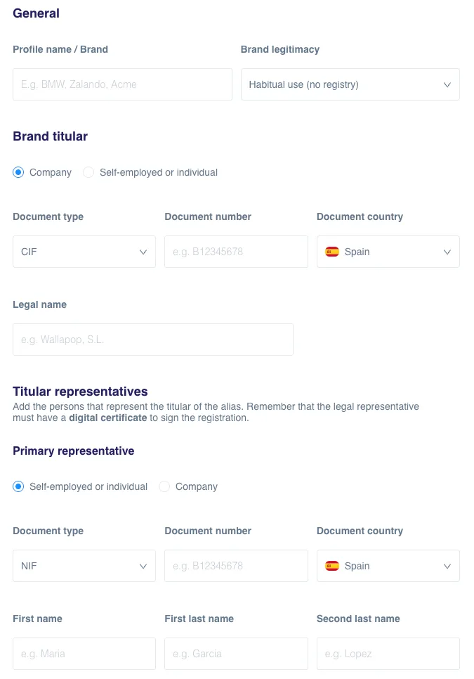 Instasent dashboard - Settings > Organization > Legal Profile form for SMS alias registration