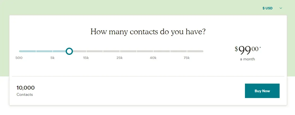 Example of email marketing pricing from Mailchimp