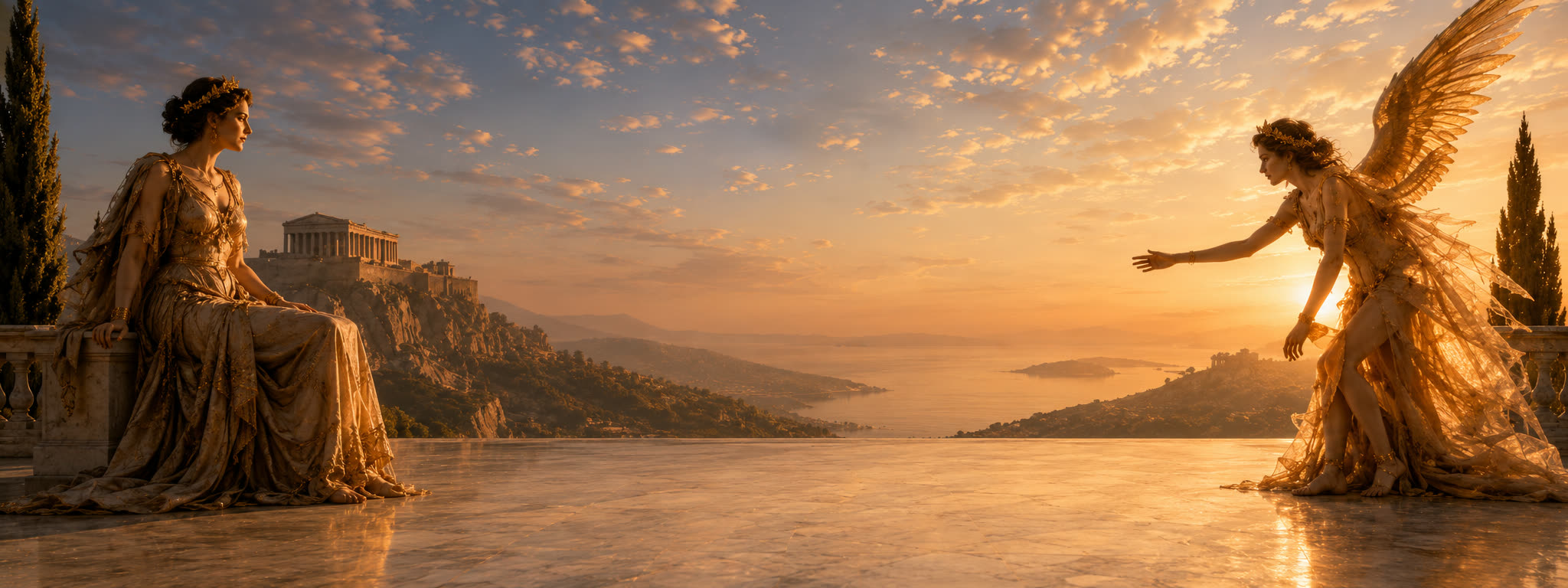 Iris, the winged messenger, presents the Instasent dashboard on a marble terrace overlooking the Acropolis at sunset.