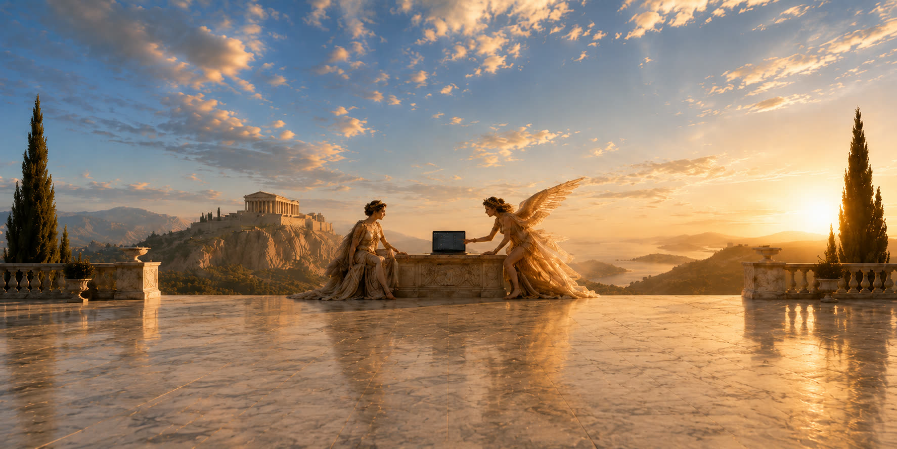 Iris, the winged messenger, presents the Instasent dashboard on a marble terrace overlooking the Acropolis at sunset.